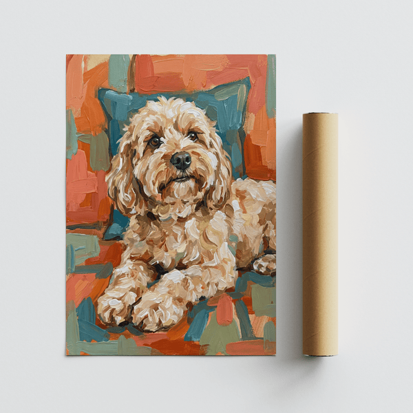 Cockapoo Print dog wall art with colorful palette in kitchen