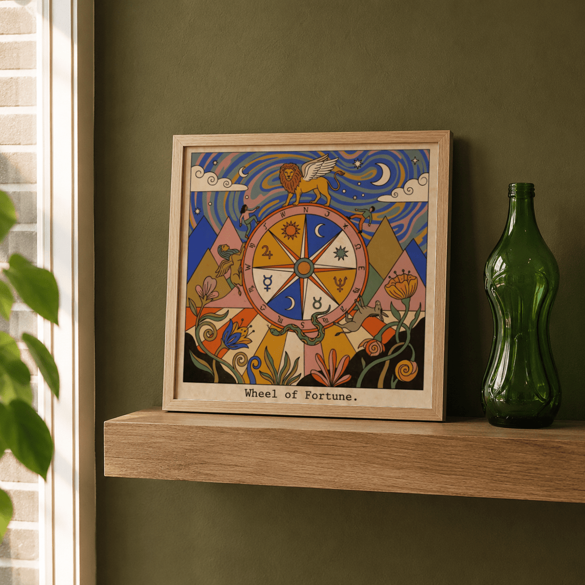 Close-up Wheel of Fortune Tarot Card Art print showing zodiac symbols around the circular wheel