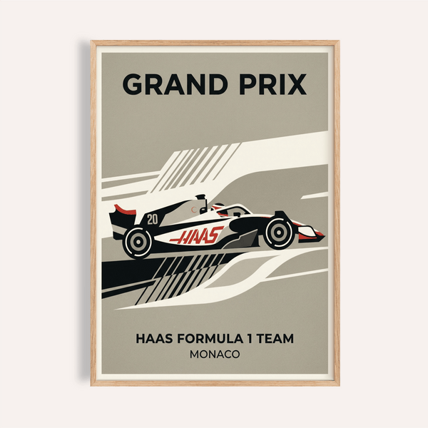 Bold Haas Racing Poster wall art with GRAND PRIX title and Formula 1 car illustration
