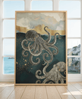 Modern Octopus Wall Art, blue and gold tones, ideal for entryway wall