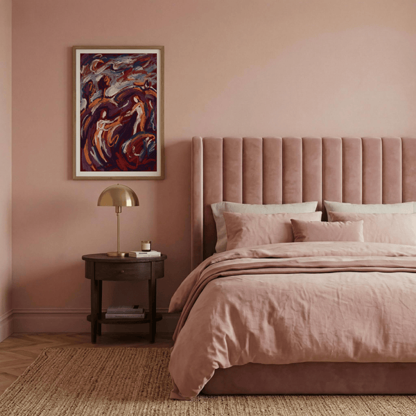 Dynamic wall art print with sweeping blue, orange, and white strokes