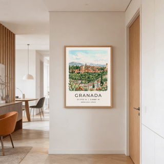 Illustrated travel wall art print with birds in the sky over Granada landscape