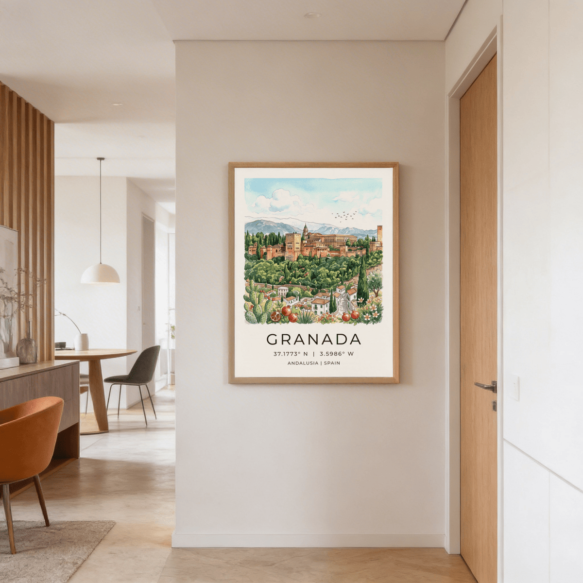 Illustrated travel wall art print with birds in the sky over Granada landscape