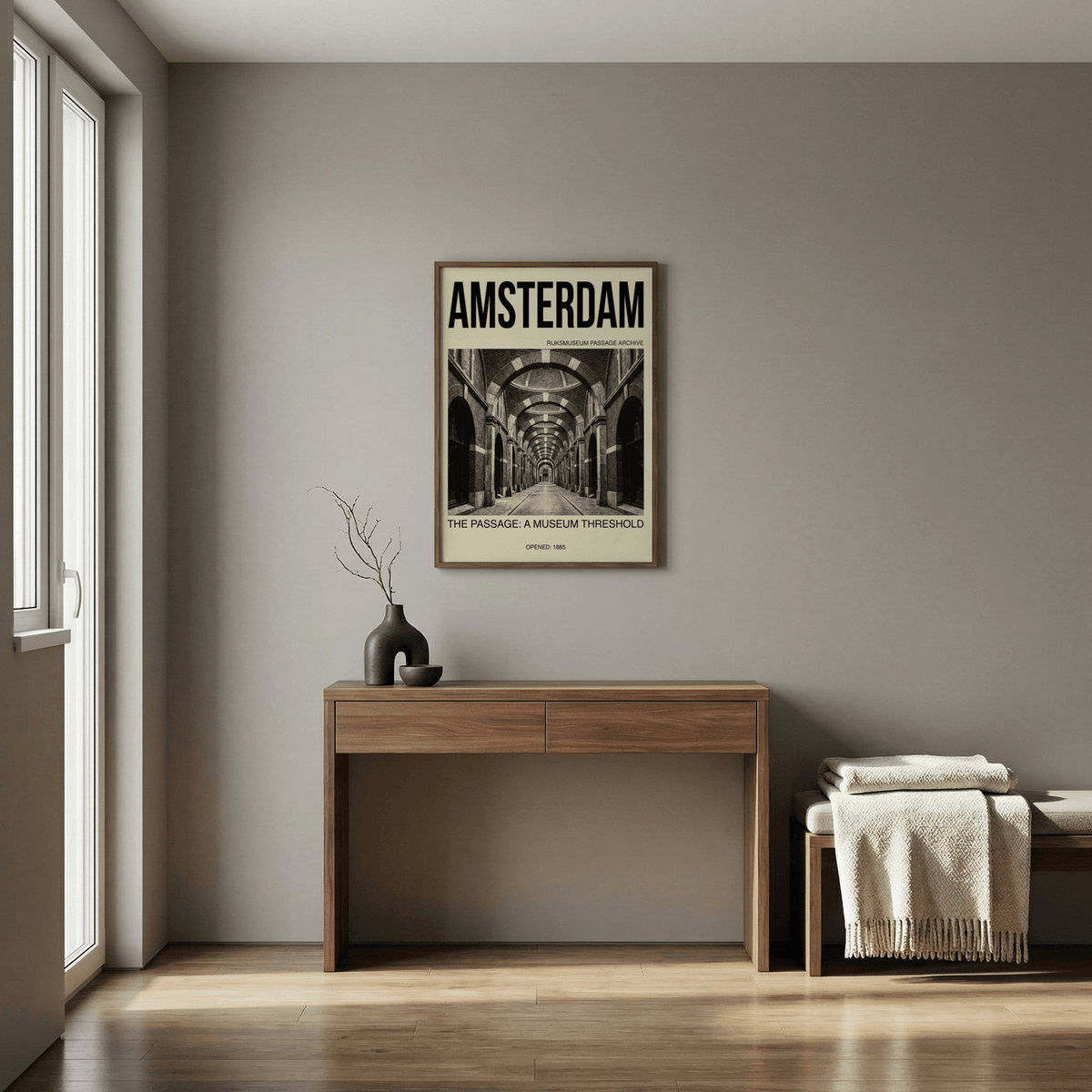 Travel-inspired architecture poster with brick tunnel arches, side entrances, and distant opening