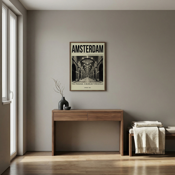 Travel-inspired architecture poster with brick tunnel arches, side entrances, and distant opening