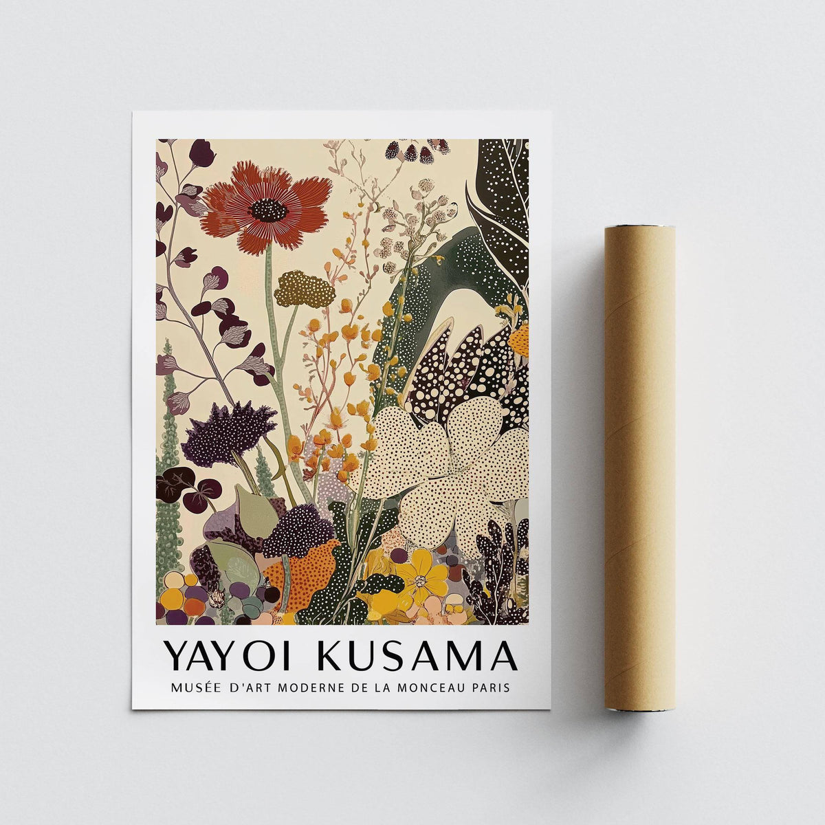 Decorative poster Yayoi Kusama with flowing stems and textured blossoms