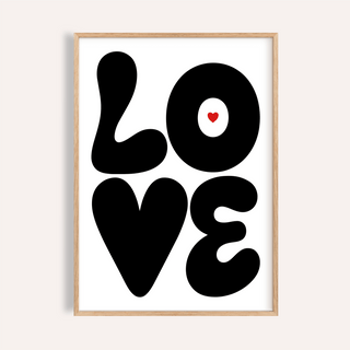 Love Art Print bold black lettering with heart inside O