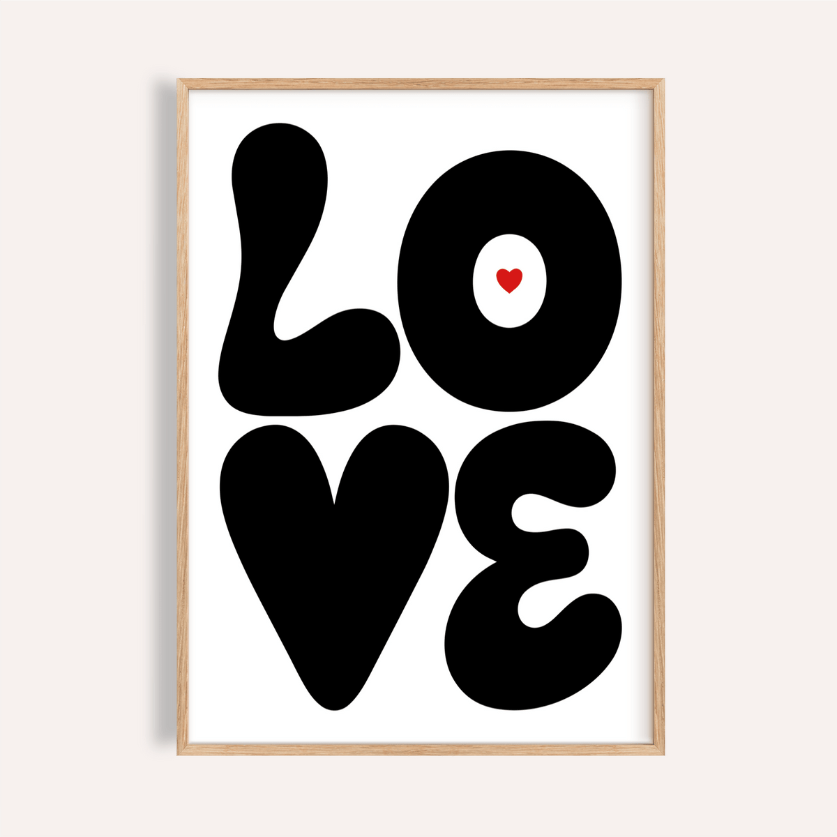 Love Art Print bold black lettering with heart inside O