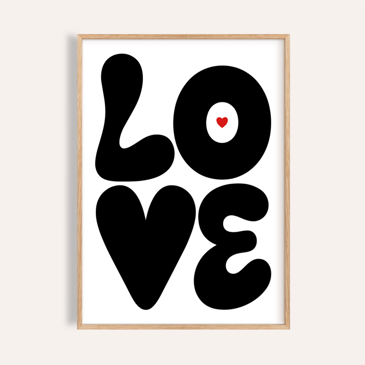 Love Art Print bold black lettering with heart inside O