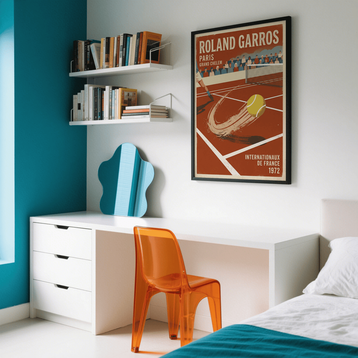 Retro sports poster print with clay court perspective and oversized tennis ball in foreground