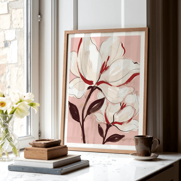 Living room mockup displaying Flower Print above neutral sofa