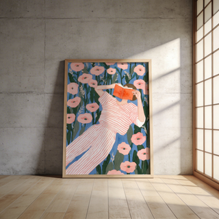 Soft-shape Woman Reading Art Print featuring a reclining reader and poppy-like flowers