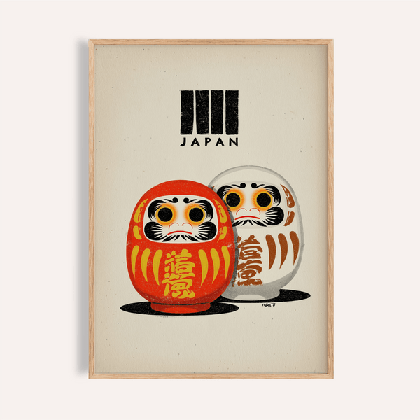 Daruma Doll Print beige orange yellow wall art for living room