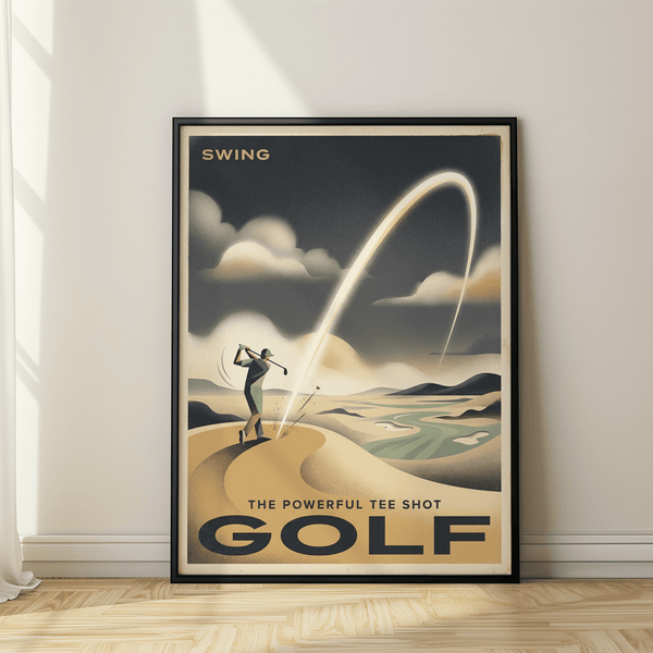 Vintage golf poster print showing a golfer tee shot with long curved ball-flight arc and large GOLF text