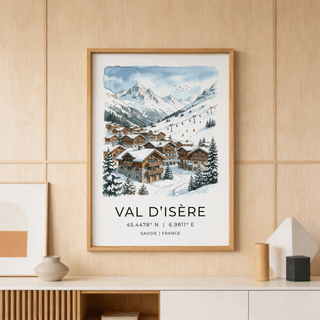 Alpine resort print showing gondola lift above snow-covered cabins poster