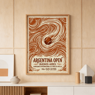 Vintage tennis wall art print showing swirling wave pattern around a tennis ball
