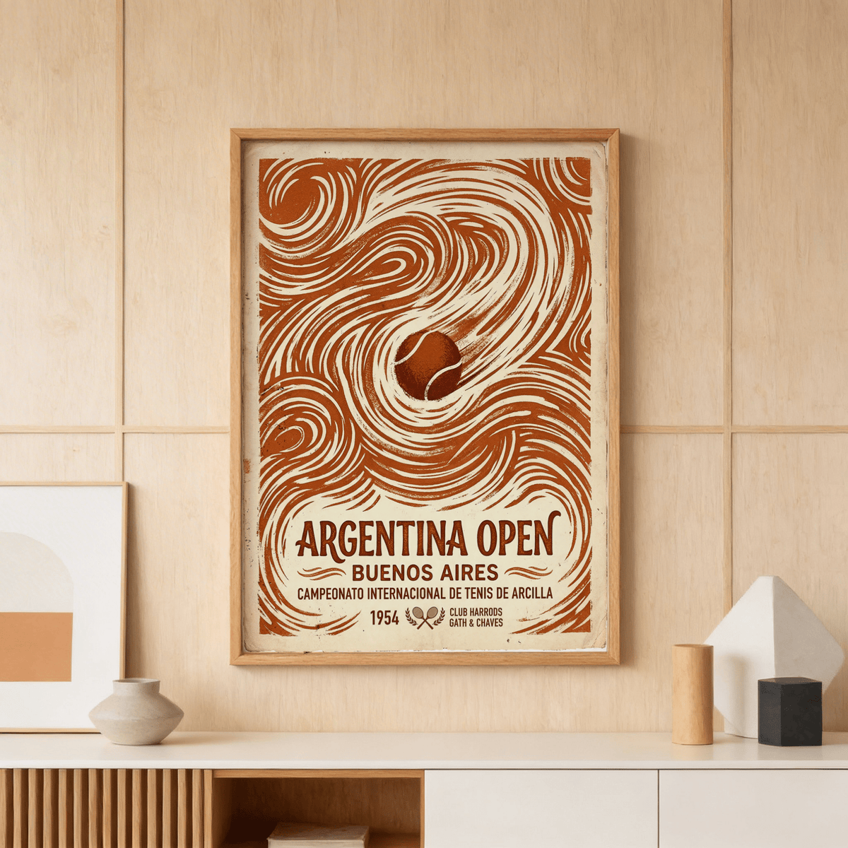 Vintage tennis wall art print showing swirling wave pattern around a tennis ball