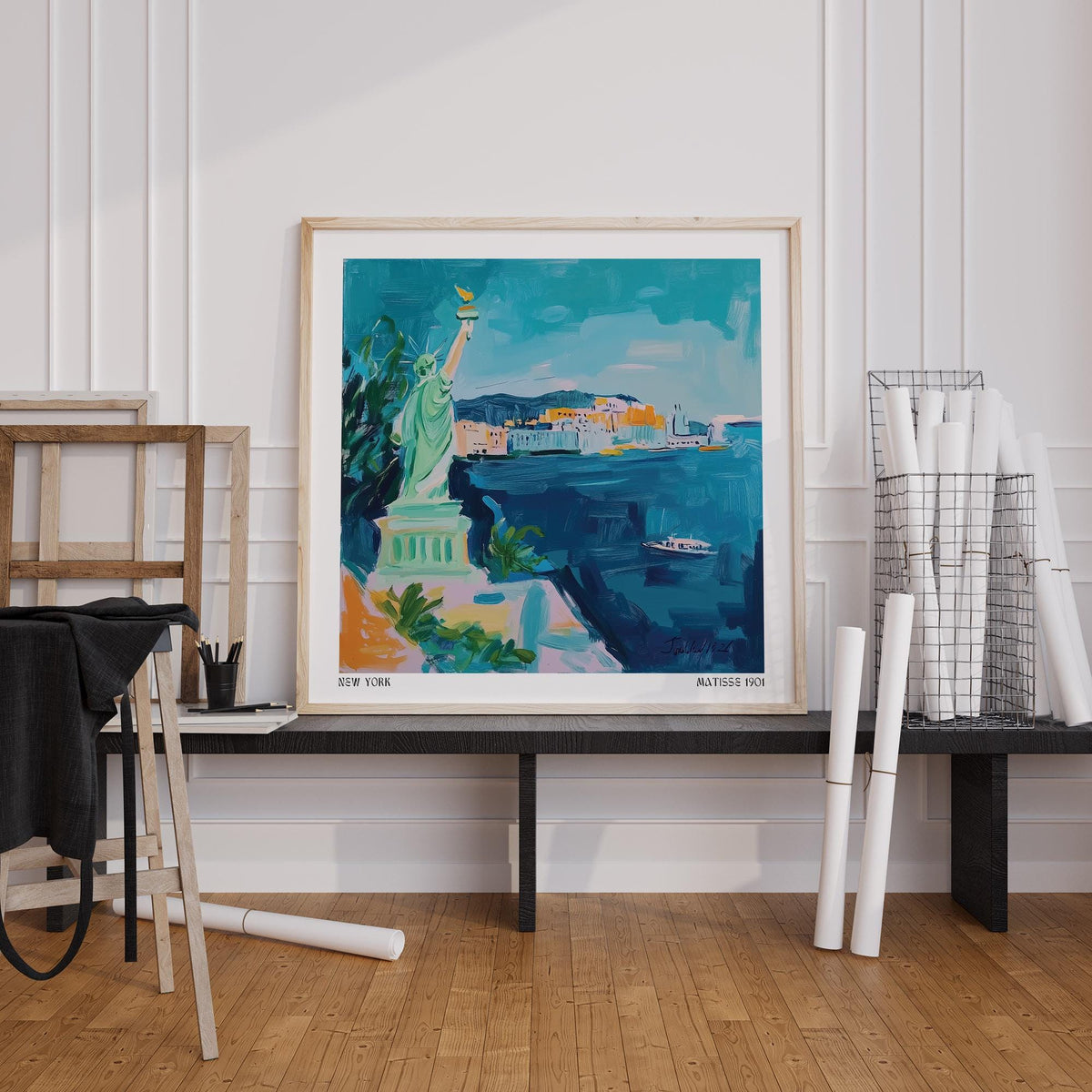Colorful New York harbor scene with iconic statue in Holiday Posters series.