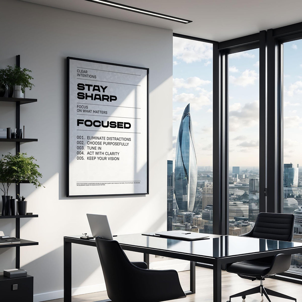 Motivational poster with bold “Focused” lettering for daily work inspiration.