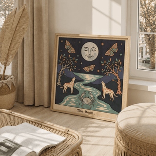 Celestial illustration poster with moon face, moths, and stars above stylized trees