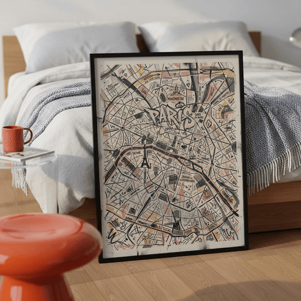 Map texture crop of Paris Map Art Print with hand-drawn strokes and doodle marks