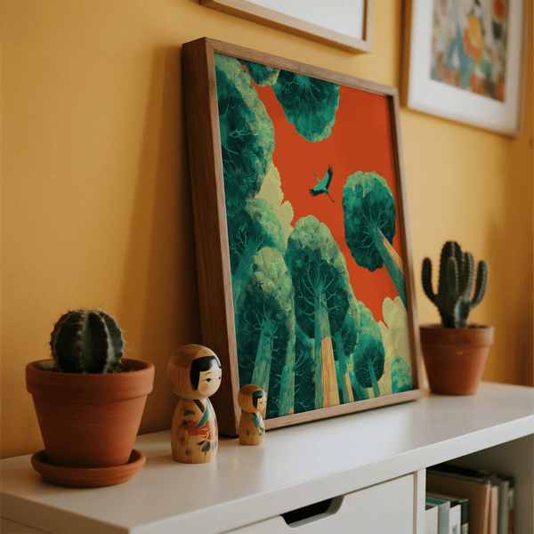 Serene Bird in Flight Wall Art, Green foliage and Red backdrop, kitchen wall art