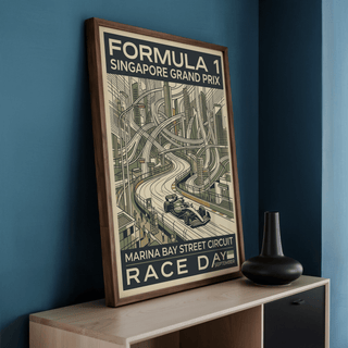 Highlighting stacked highway curves and a trackside crowd, motorsport poster print with large Formula 1 event lettering