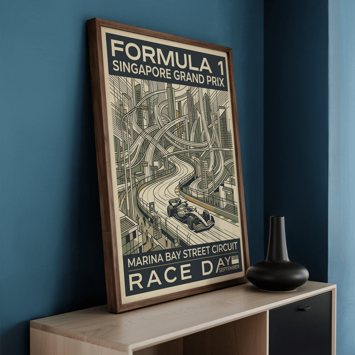 Highlighting stacked highway curves and a trackside crowd, motorsport poster print with large Formula 1 event lettering