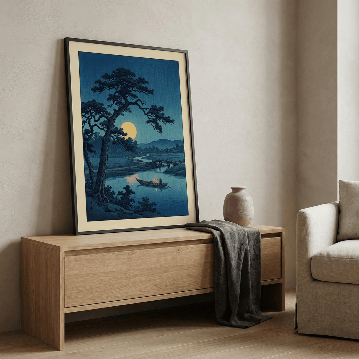 Winding river poster scene with lantern-lit boat and layered shoreline shapes