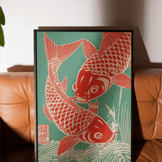 Minimalist Red Koi Art print with green background for bedroom