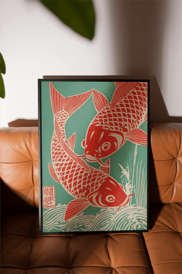 Minimalist Red Koi Art print with green background for bedroom
