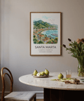 Scenic Santa Marta Art Print showing curved beach, marina docks, and mountain range