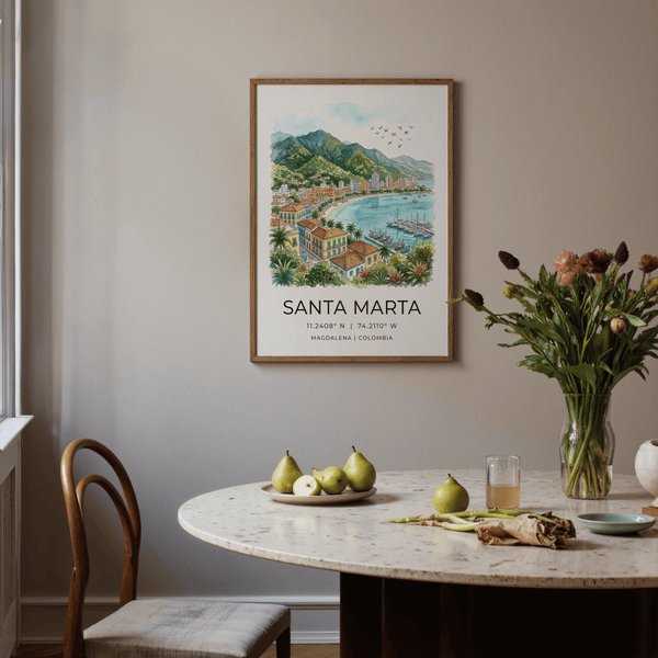 Scenic Santa Marta Art Print showing curved beach, marina docks, and mountain range