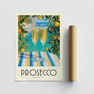 Colorful coastal Vintage Italian Poster featuring striped table and drinks