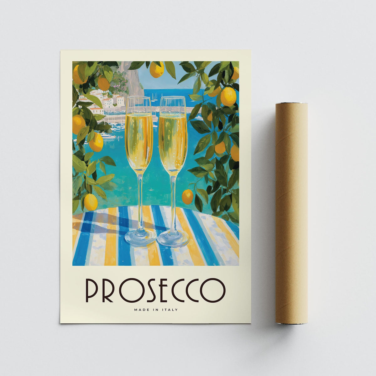 Colorful coastal Vintage Italian Poster featuring striped table and drinks