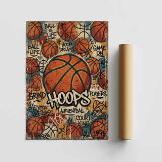 Bold Basketball Wall Art poster with graffiti tags, basketball pattern, and rough texture