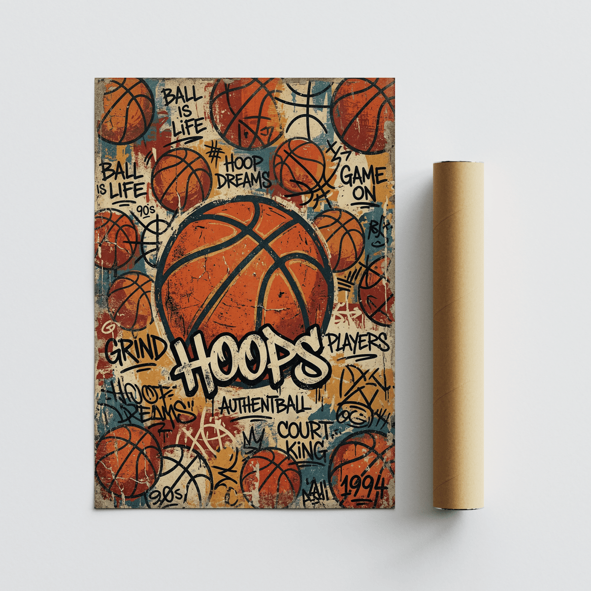 Bold Basketball Wall Art poster with graffiti tags, basketball pattern, and rough texture
