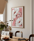 Red and pink accents at flower centers on minimalist floral poster