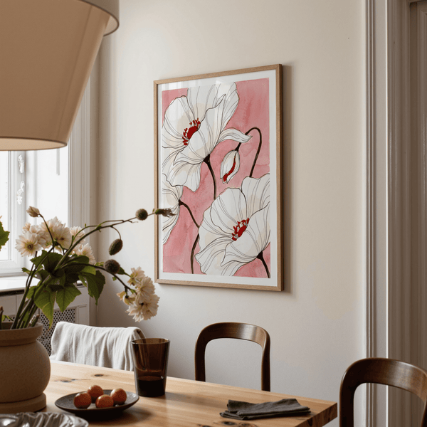 Red and pink accents at flower centers on minimalist floral poster