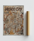 Detail view of Mexico Map Poster with neighborhood names, road network, and landmark silhouettes print