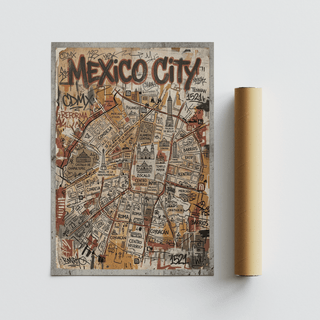 Detail view of Mexico Map Poster with neighborhood names, road network, and landmark silhouettes print