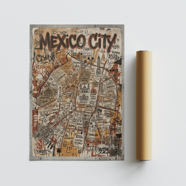 Detail view of Mexico Map Poster with neighborhood names, road network, and landmark silhouettes print