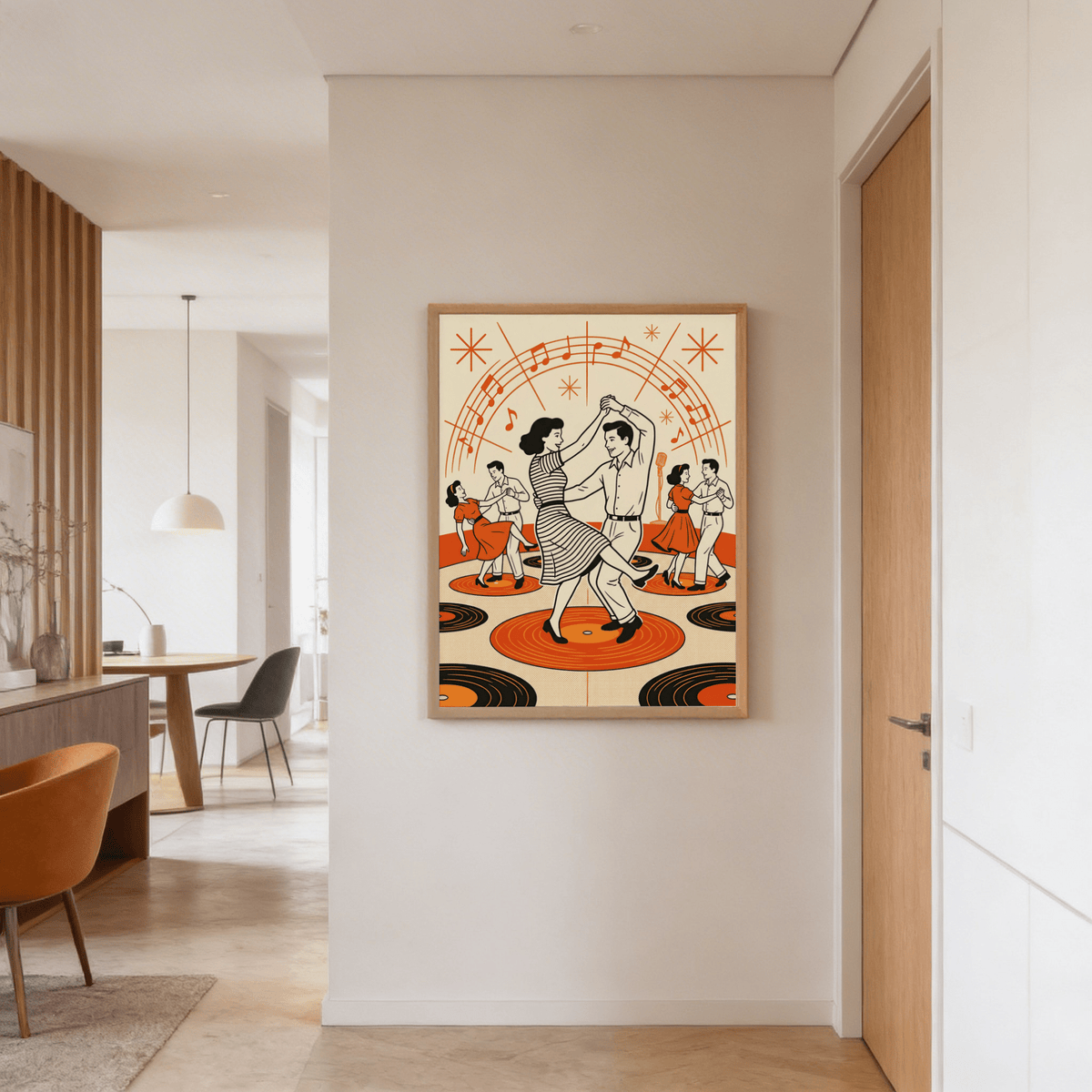 Retro Dance Wall Art with swing dancers over vinyl record floor pattern