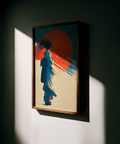 Beige background Japanese Geisha Pop Art poster for study, with Red sun and Blue kimono