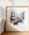 Square architectural sketch wall art of Venice Italy with red details