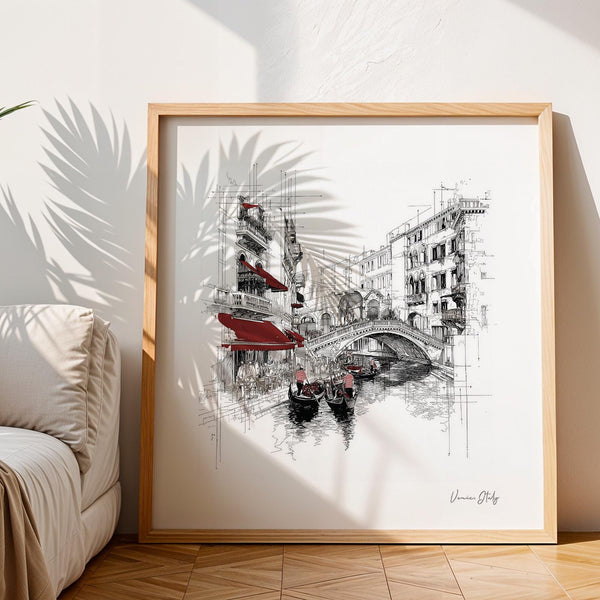 Square architectural sketch wall art of Venice Italy with red details