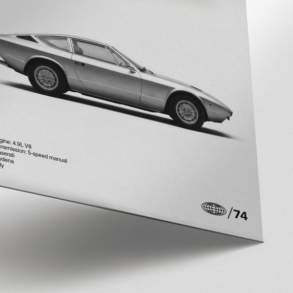 Maserati Khamsin Poster in sophisticated Black and White for bedroom wall art