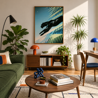 Art Deco Black Panther Print with Blue, Green, Black palette and leaping cat silhouette