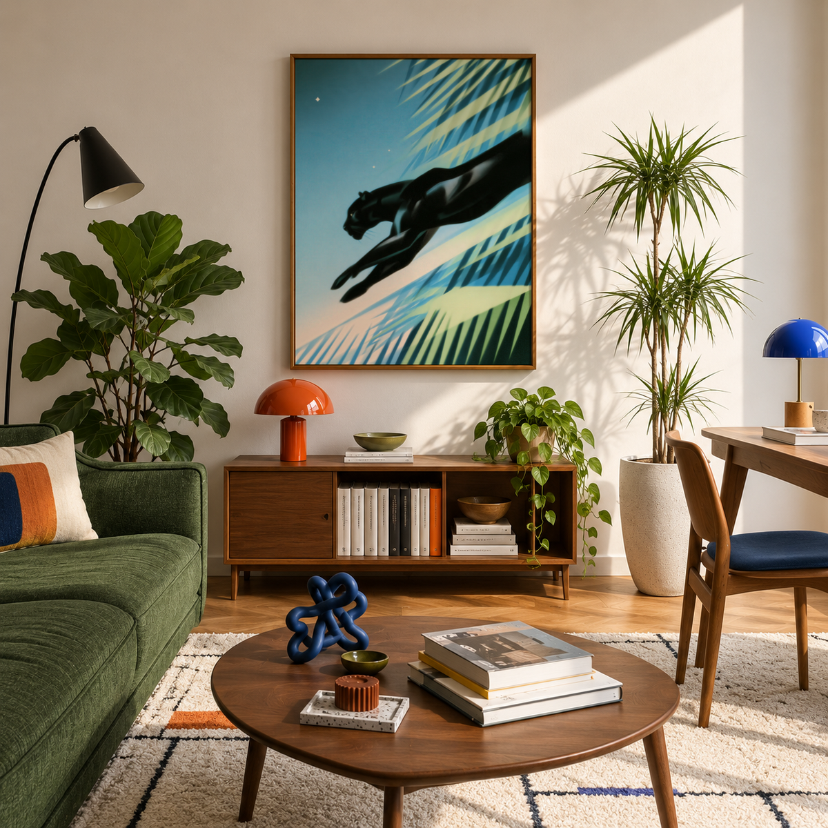 Art Deco Black Panther Print with Blue, Green, Black palette and leaping cat silhouette