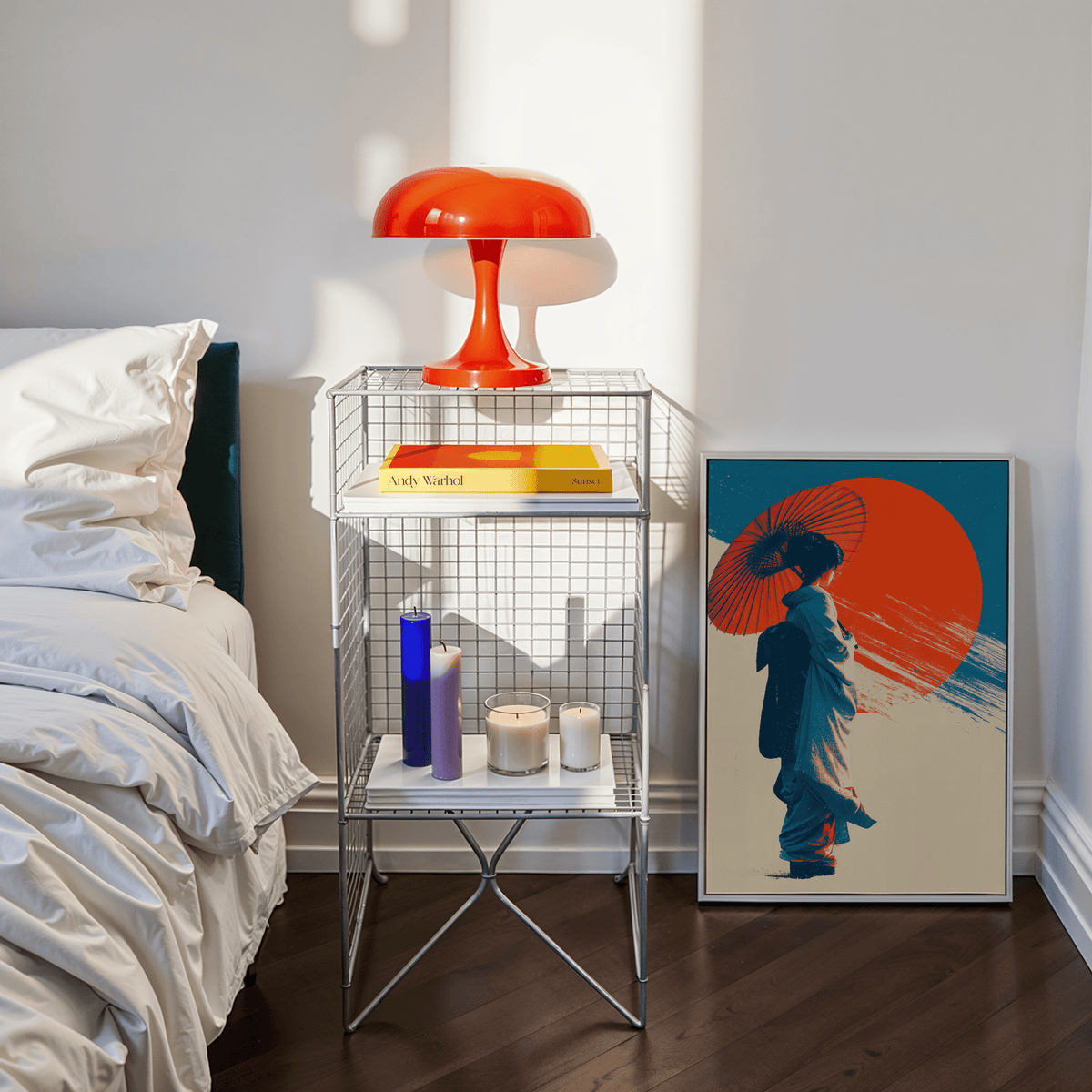 Japanese Geisha Pop Art wall art in Blue, Red, and Beige perfect for hallway decor